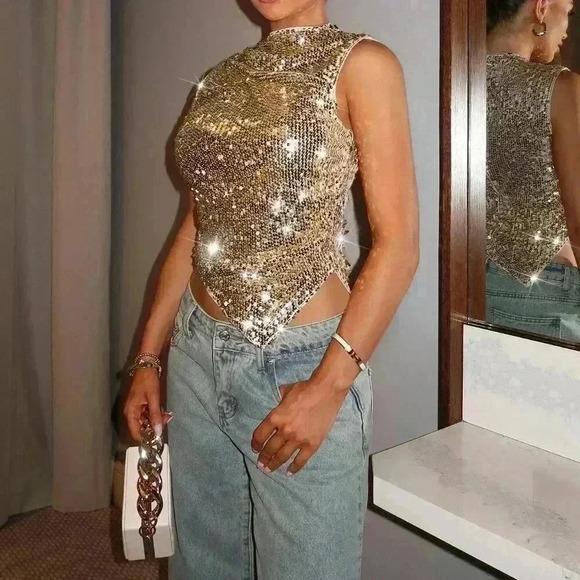 Gold Party Women's Fashion Sequin Stand Collar Asymmetric Hem Tank Top - Picture 2 of 5